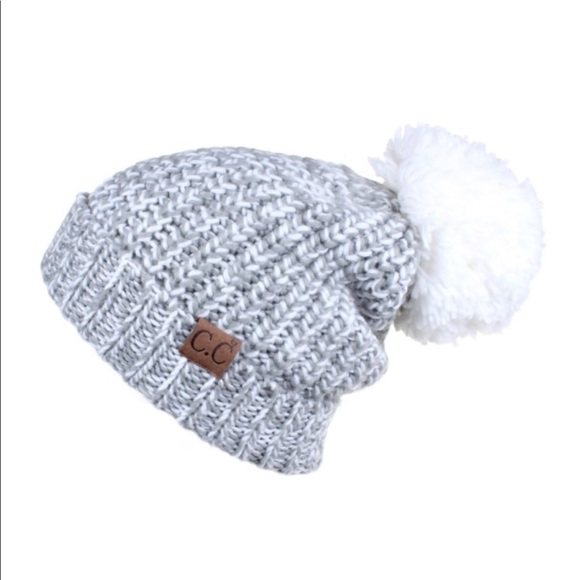 C.C Chucky Knit Gray/Ivory Color Beanie With Pom - Picture 2 of 5